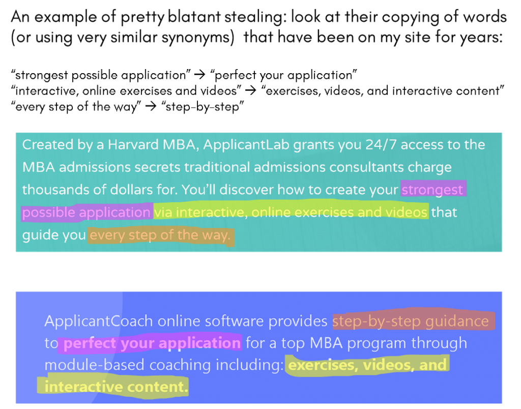 MBAApplicantCoach ApplicantCoach unethical stealing copying ApplicantLab a fake rip-off